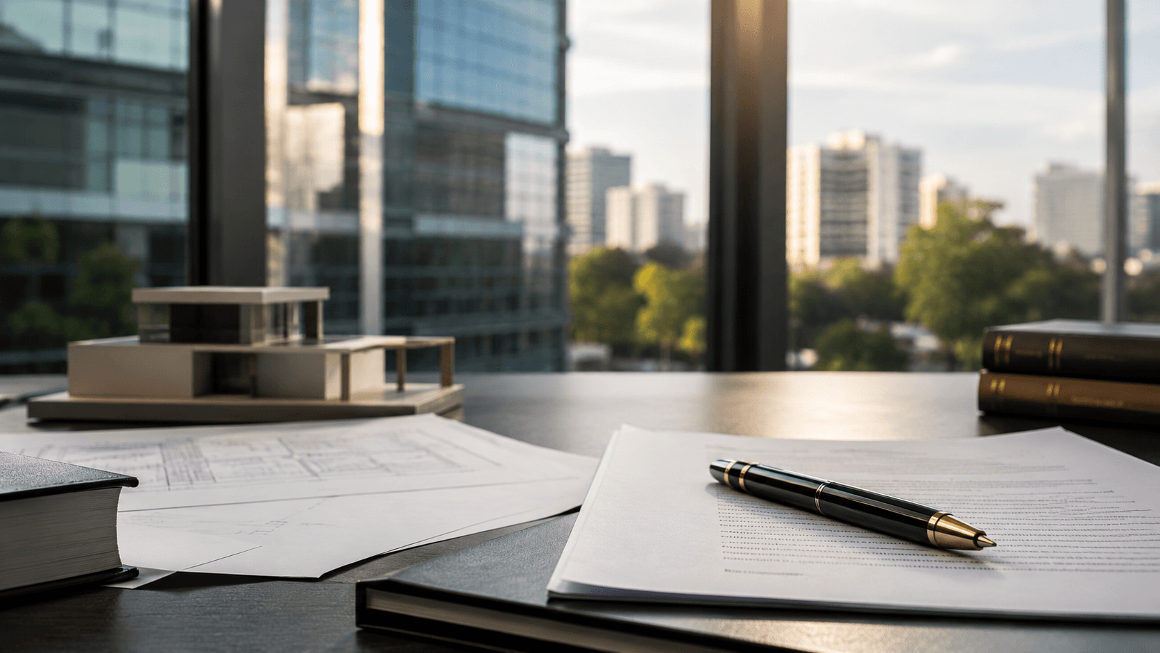 Mesa de escritório jurídico com documentos, caneta, projeto imobiliário e prédios ao fundo, representando planejamento patrimonial e imunidade de ITBI em holding imobiliária.